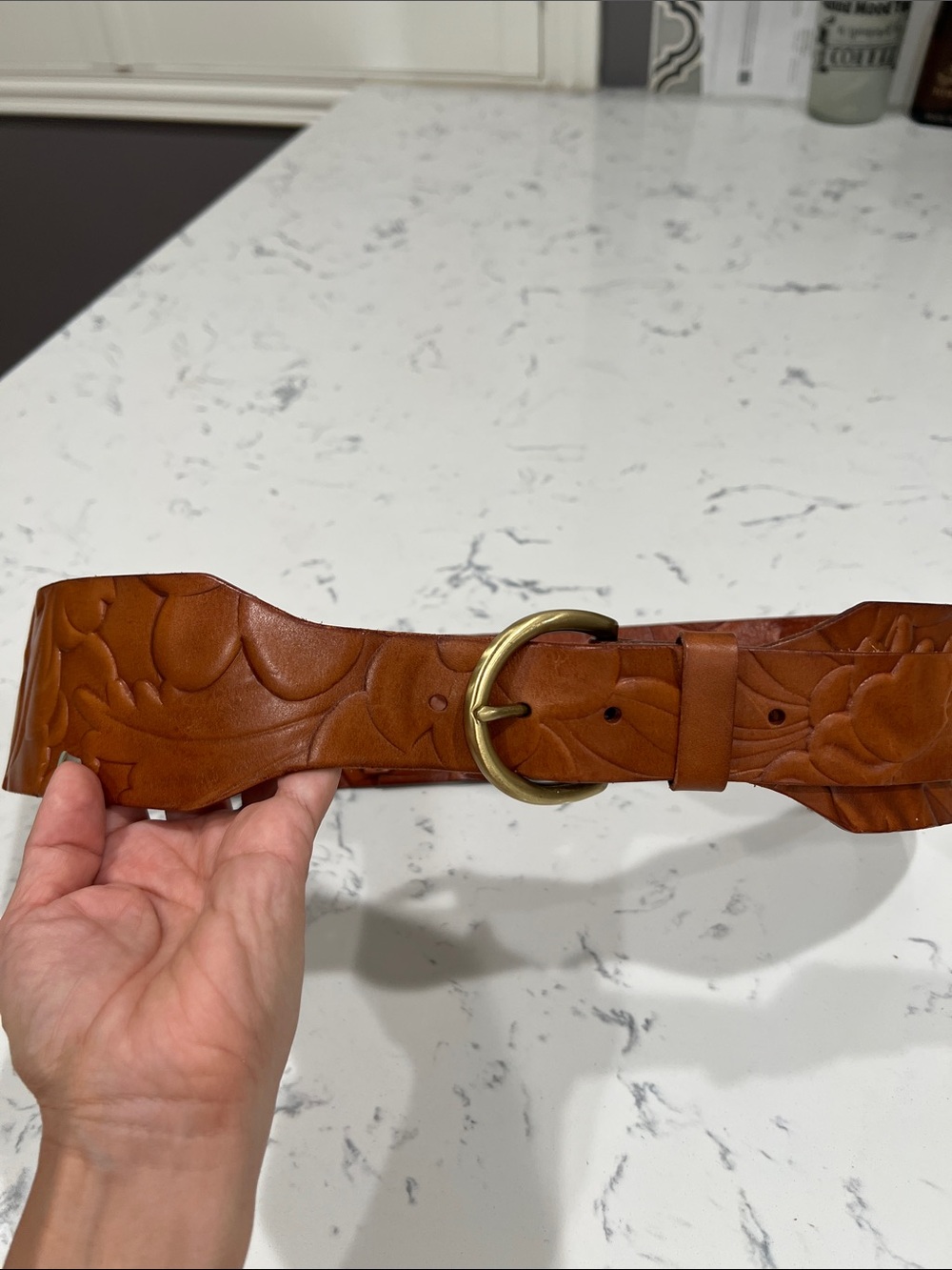 Patricia Nash Embossed Leather Wide Belt in Cognac Brown with Brass Buckle